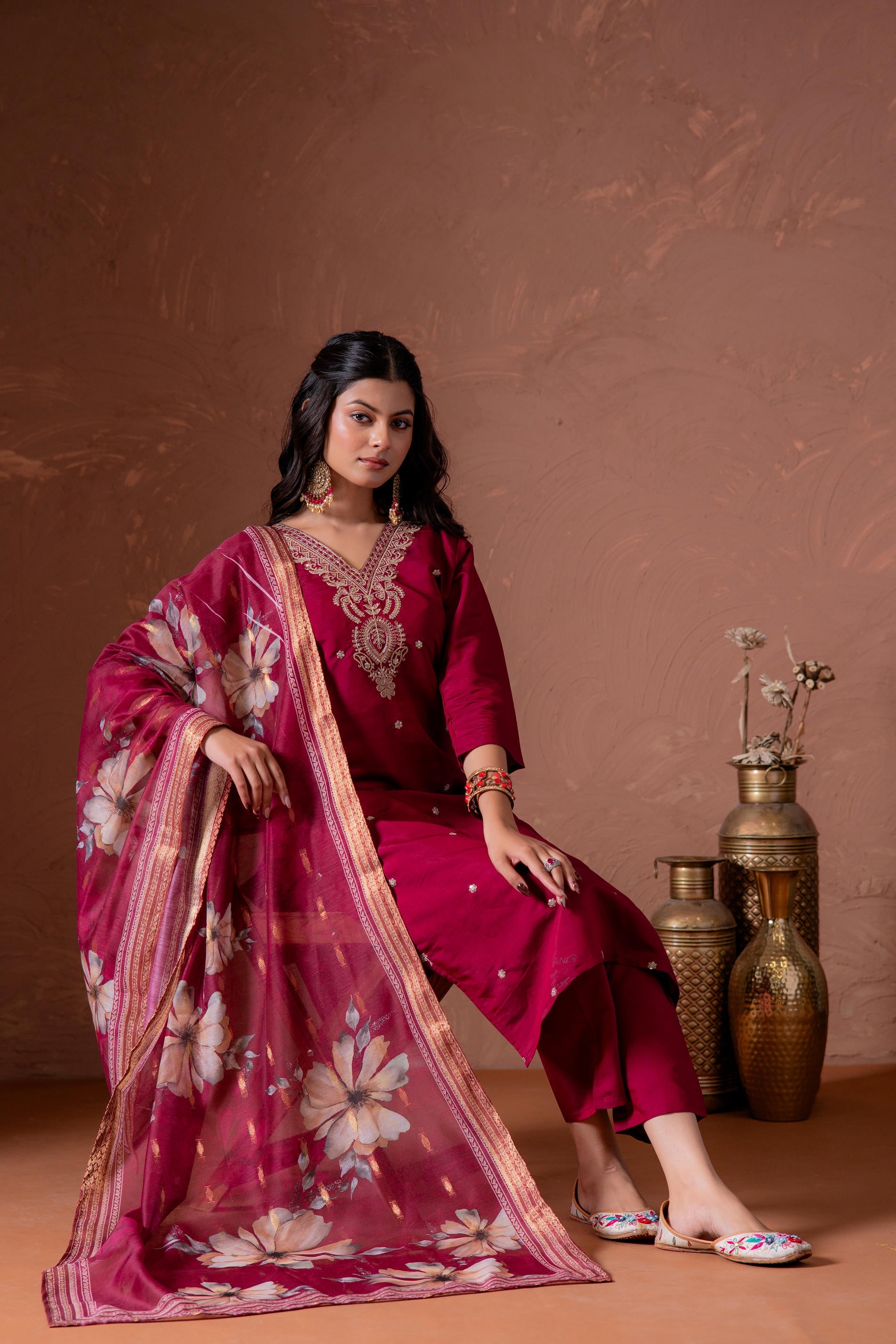 Juniper Cherry Embroidered Suit Set With Printed Floral Dupatta - Distacart