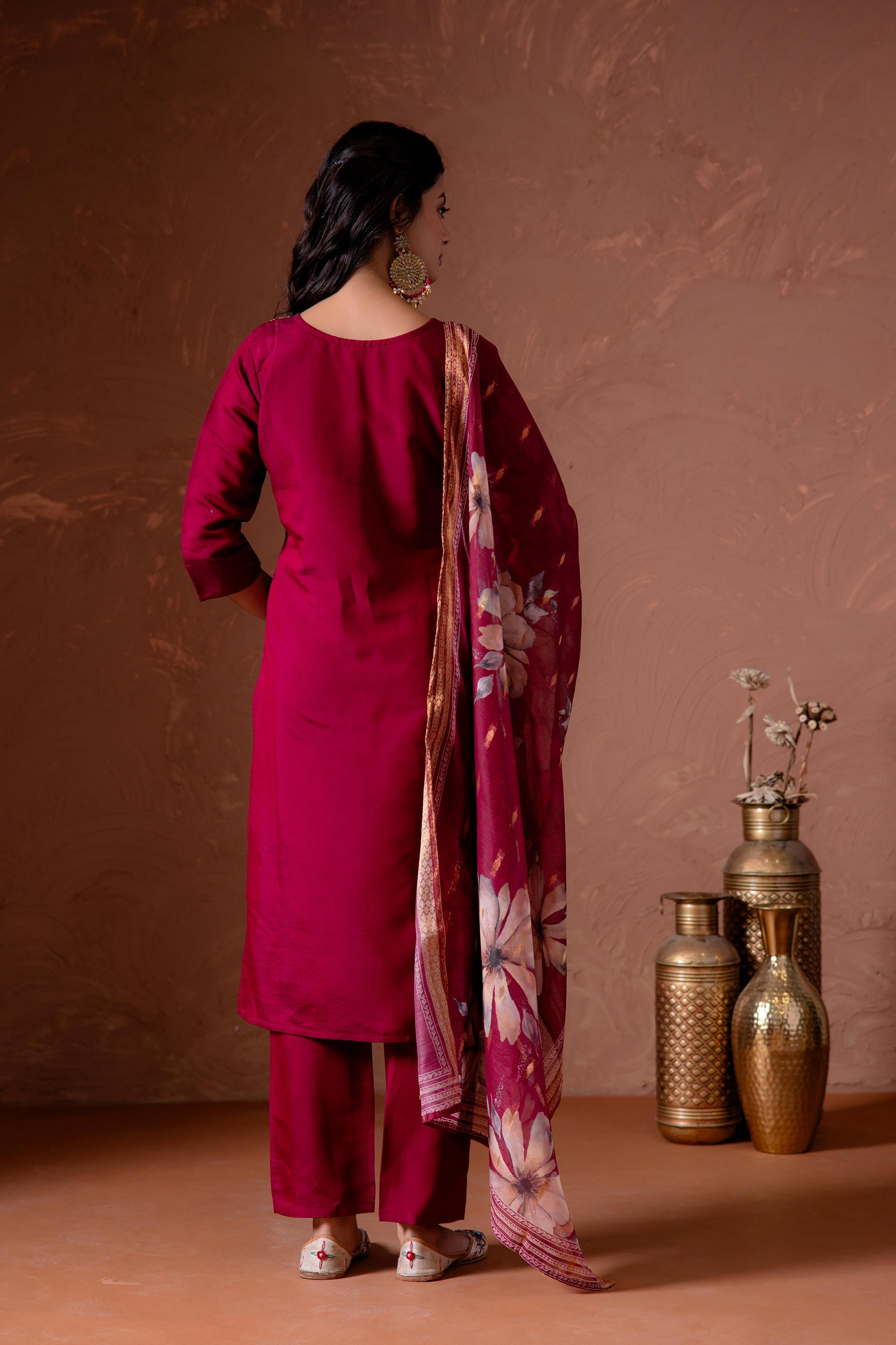 Juniper Cherry Embroidered Suit Set With Printed Floral Dupatta