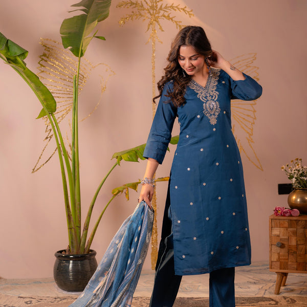 Juniper Teal Embroidered Suit Set With Printed Floral Dupatta - Distacart