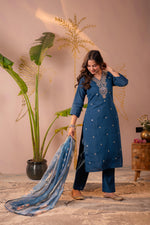Thumbnail for Juniper Teal Embroidered Suit Set With Printed Floral Dupatta - Distacart