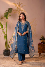 Thumbnail for Juniper Teal Embroidered Suit Set With Printed Floral Dupatta - Distacart
