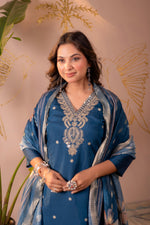 Thumbnail for Juniper Teal Embroidered Suit Set With Printed Floral Dupatta - Distacart