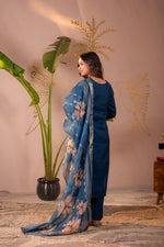 Thumbnail for Juniper Teal Embroidered Suit Set With Printed Floral Dupatta - Distacart
