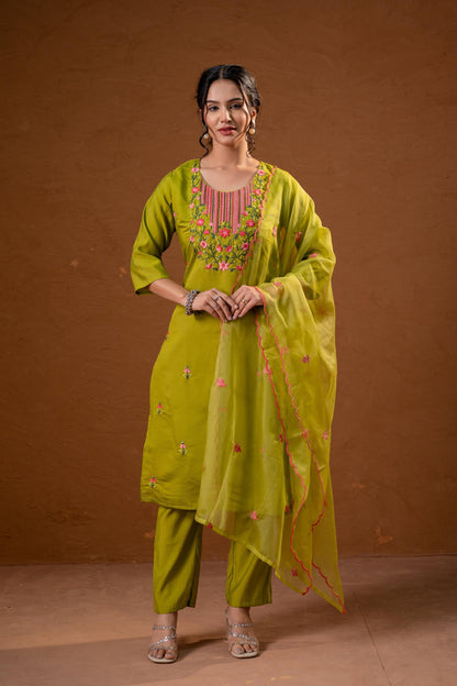 Juniper Green Embroidered Straight Kurta Set With Dupatta - Distacart