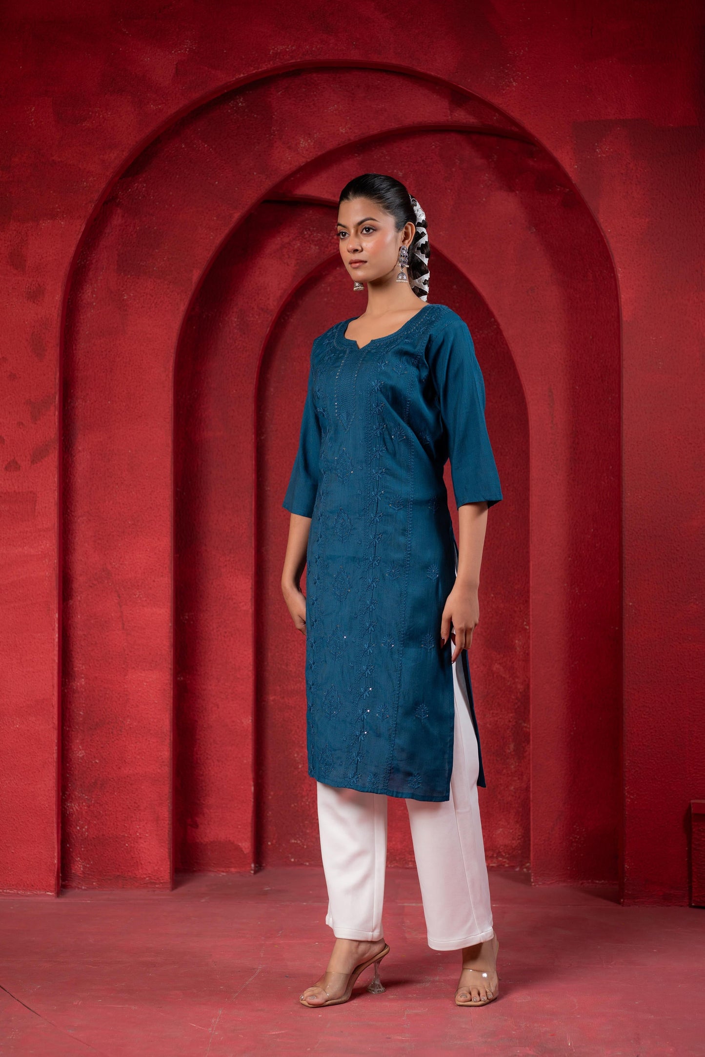 Juniper Teal Embroidered Kurta - Distacart