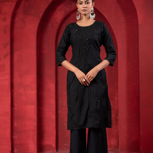 Juniper Black Tonal Sequin Embellished Straight Kurta Set