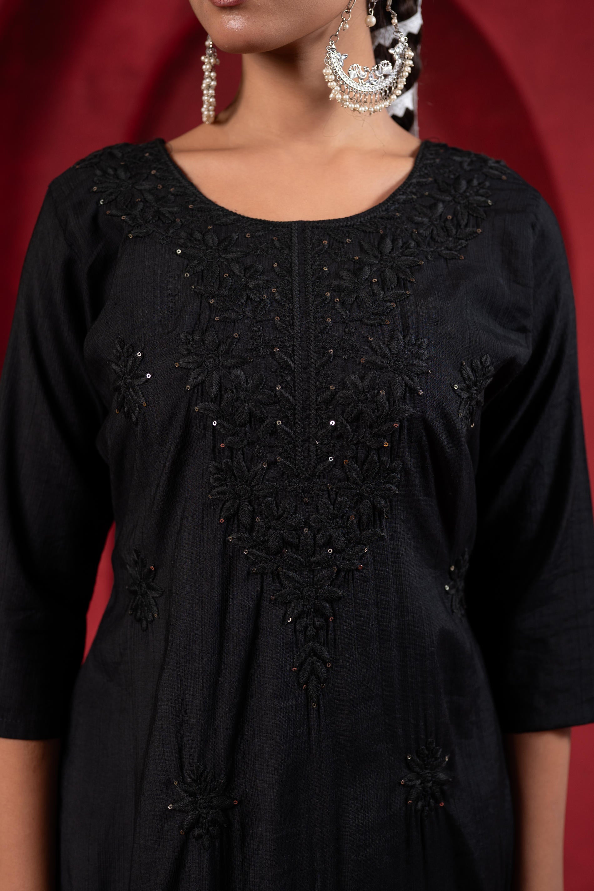 Juniper Black Tonal Sequin Embellished Straight Kurta Set