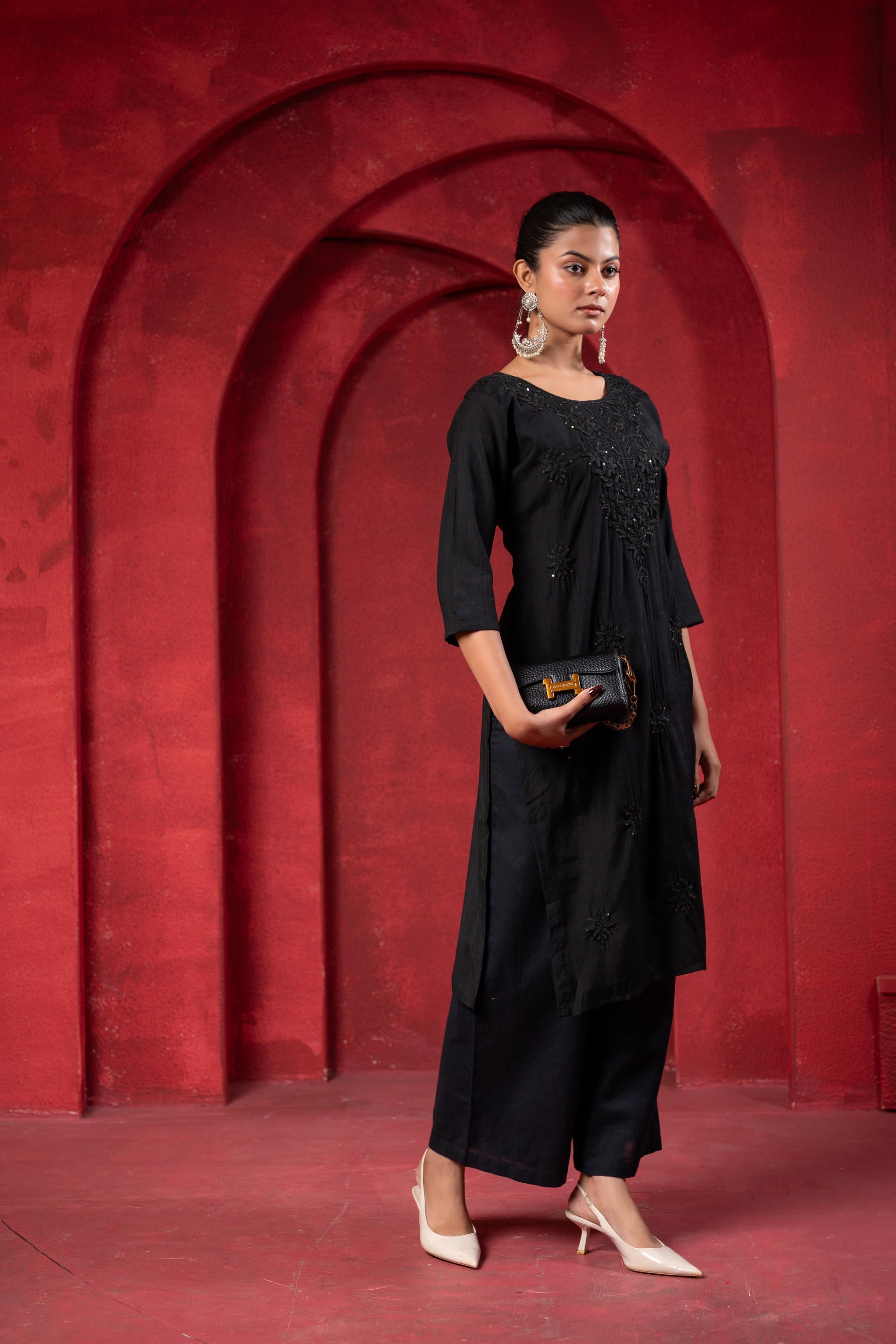 Juniper Black Tonal Sequin Embellished Straight Kurta Set