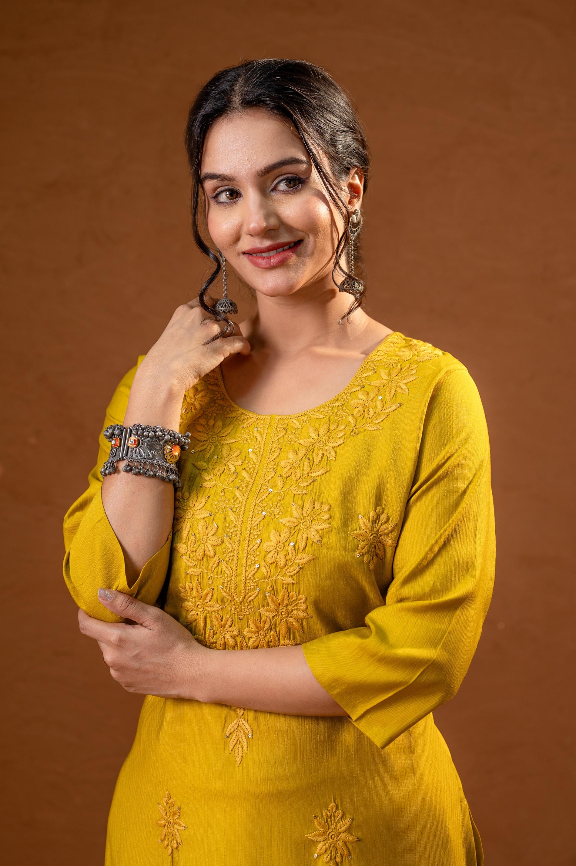 Juniper Mustard Tonal Sequin Embellished Straight Kurta Set