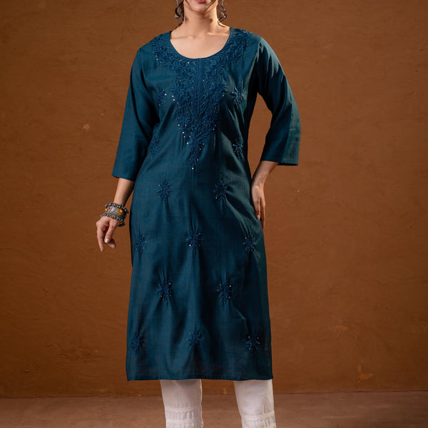 Juniper Teal Tonal Sequin Embellished Straight Kurta Set