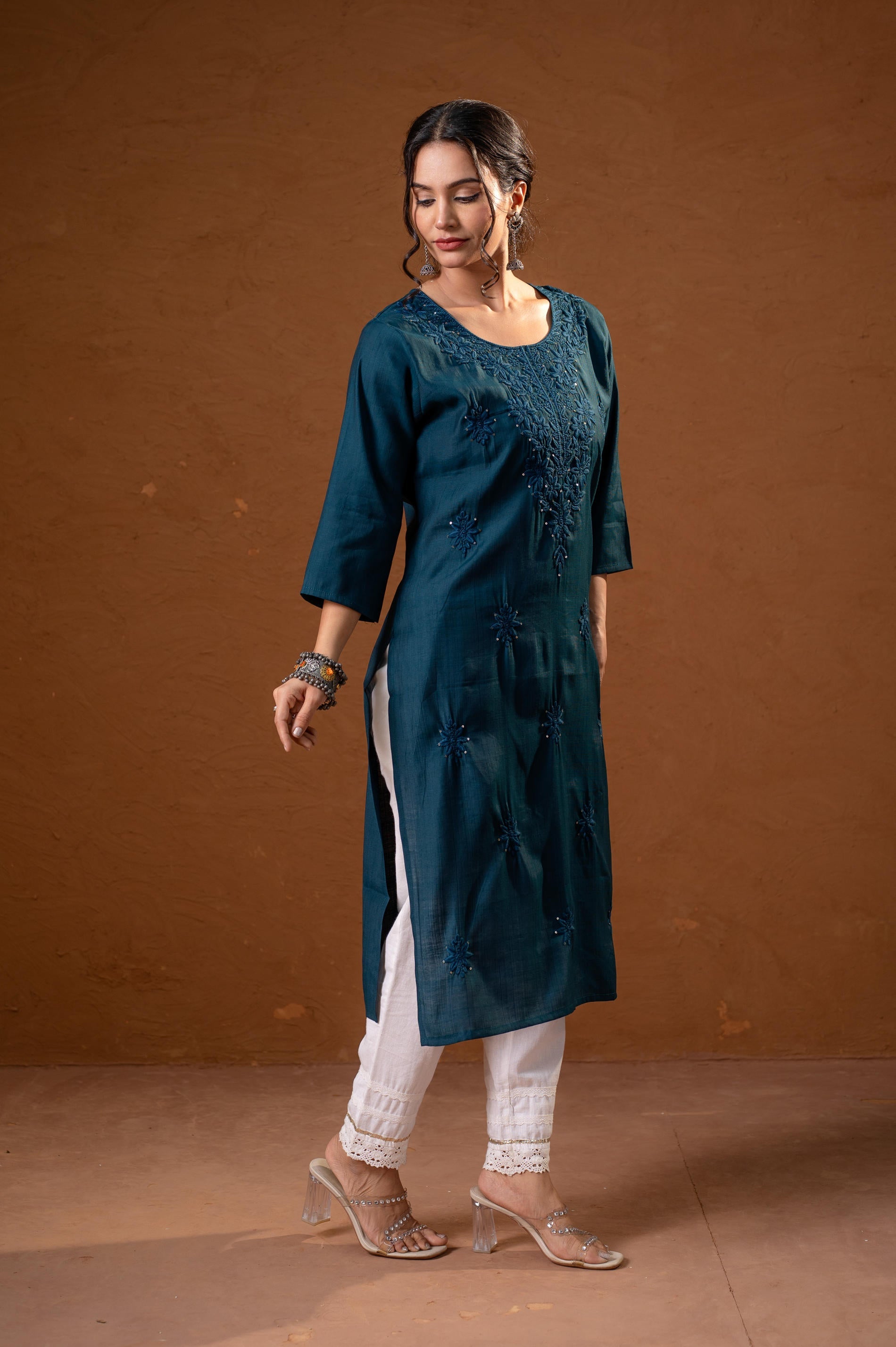 Juniper Teal Tonal Sequin Embellished Straight Kurta Set - Distacart