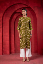 Thumbnail for Juniper Olive Green Floral Handblock-Style Straight Kurta - Distacart