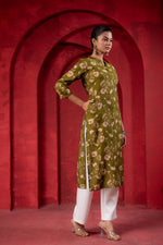 Thumbnail for Juniper Olive Green Floral Handblock-Style Straight Kurta - Distacart