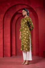 Thumbnail for Juniper Olive Green Floral Handblock-Style Straight Kurta - Distacart