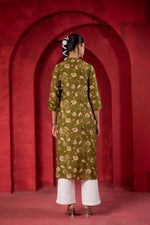 Thumbnail for Juniper Olive Green Floral Handblock-Style Straight Kurta - Distacart