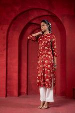 Thumbnail for Juniper Maroon Floral Handblock-Style Straight Kurta - Distacart