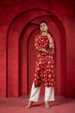 Thumbnail for Juniper Maroon Floral Handblock-Style Straight Kurta - Distacart
