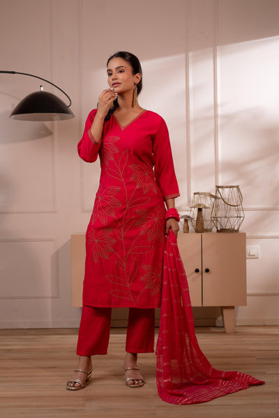 Juniper Fuchsia Solid Embroidered Straight Kurta Pant And Dupatta Set With Thread Work