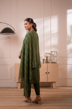 Thumbnail for Juniper Green Solid Embroidered Straight Kurta Pant And Dupatta Set With Thread Work - Distacart