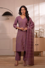 Thumbnail for Juniper Plum Solid Embroidered Straight Kurta Pant And Dupatta Set With Thread Work