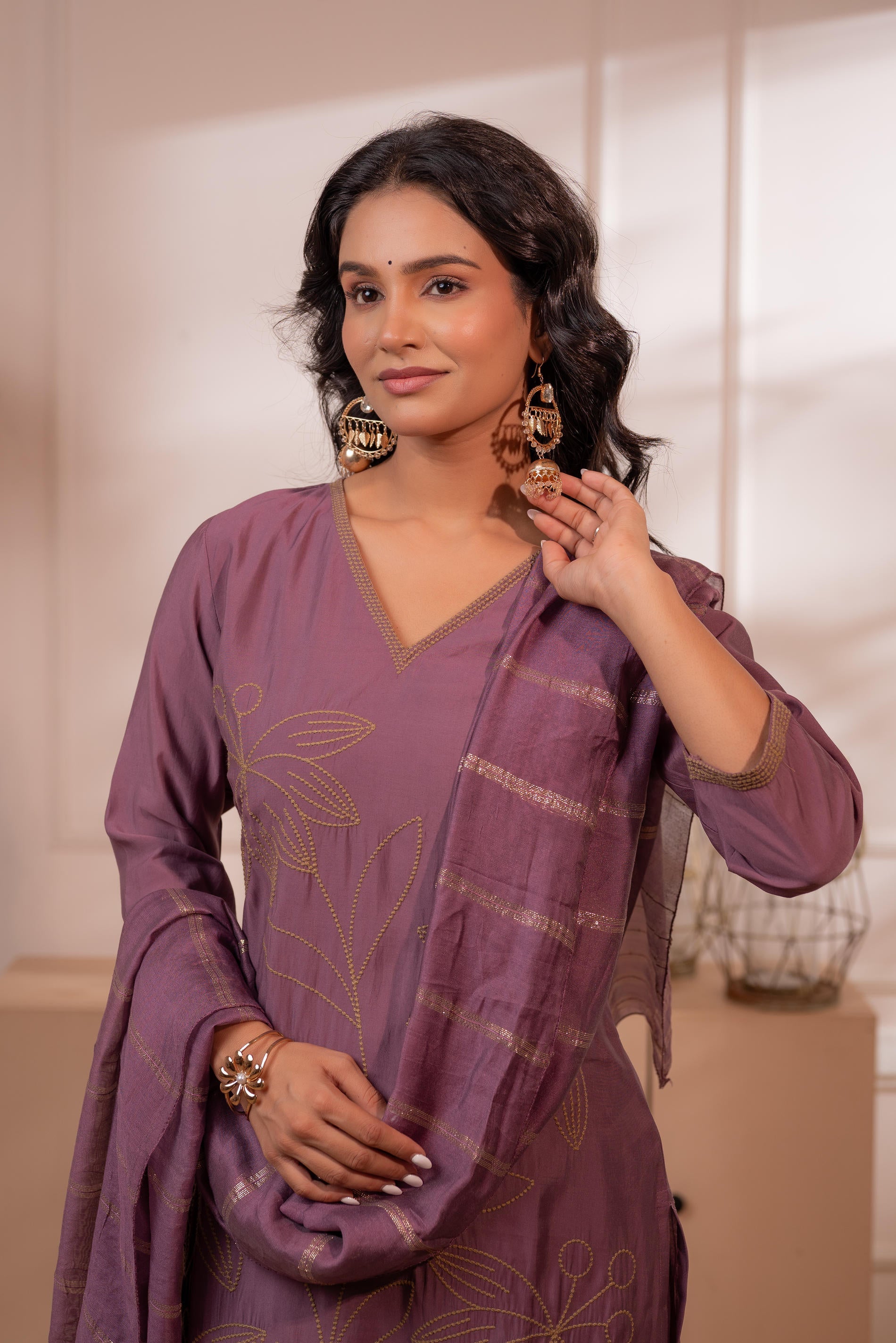 Juniper Plum Solid Embroidered Straight Kurta Pant And Dupatta Set With Thread Work