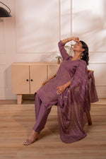 Thumbnail for Juniper Plum Solid Embroidered Straight Kurta Pant And Dupatta Set With Thread Work
