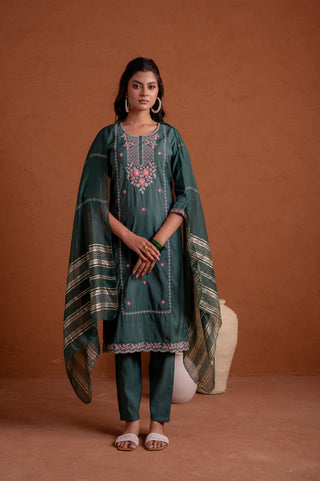 Juniper Green Poly Viscose Straight Kurta Pant And Dupatta Set With Thread & Sequence Work