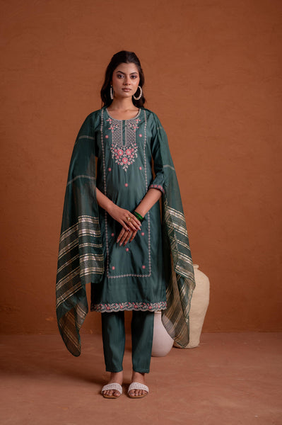 Juniper Green Poly Viscose Straight Kurta Pant And Dupatta Set With Thread & Sequence Work