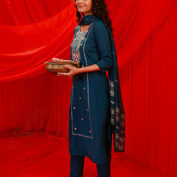Juniper Indigo Poly Viscose Straight Kurta Pant And Dupatta Set With Thread & Sequence Work