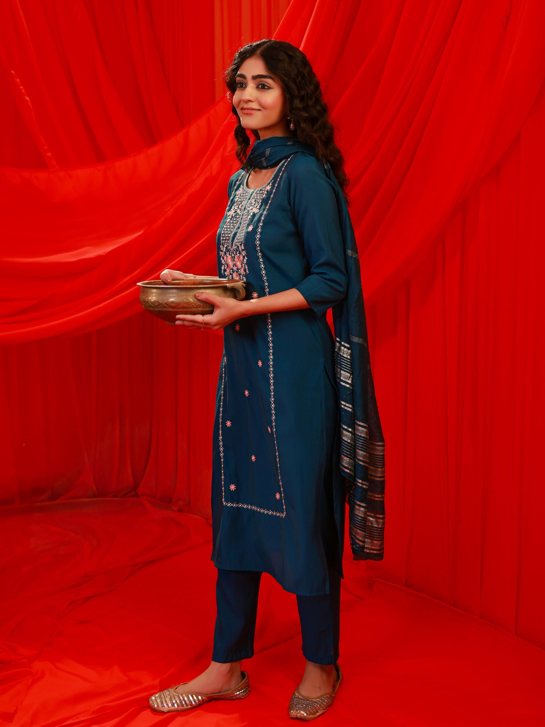 Juniper Indigo Poly Viscose Straight Kurta Pant And Dupatta Set With Thread & Sequence Work
