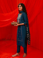 Thumbnail for Juniper Indigo Poly Viscose Straight Kurta Pant And Dupatta Set With Thread & Sequence Work