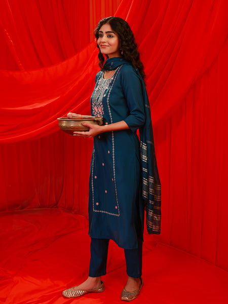 Juniper Indigo Poly Viscose Straight Kurta Pant And Dupatta Set With Thread & Sequence Work