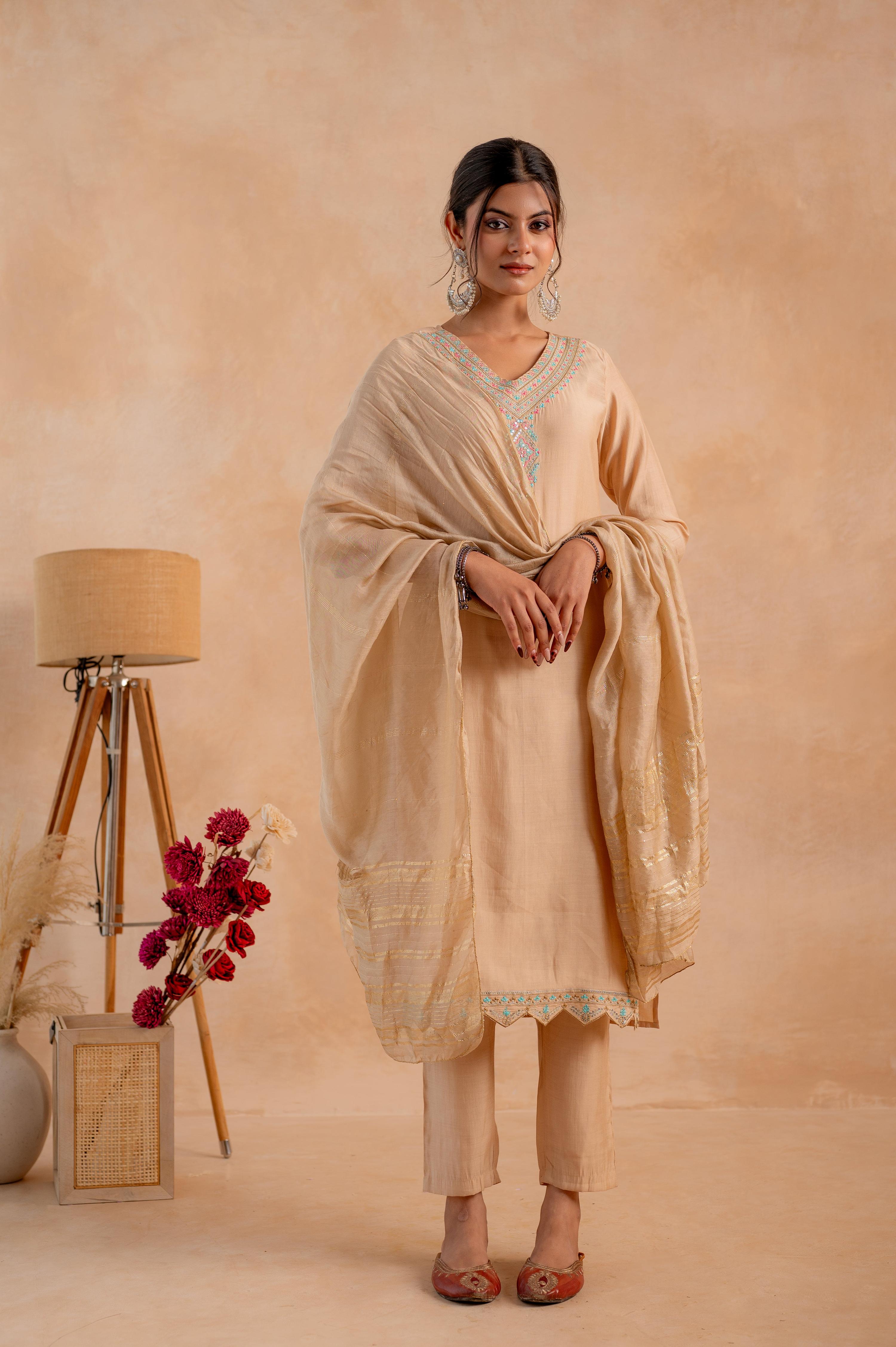 Juniper Beige Poly Viscose Straight Kurta Pant And Dupatta Set With Zari, Thread & Sequence Work