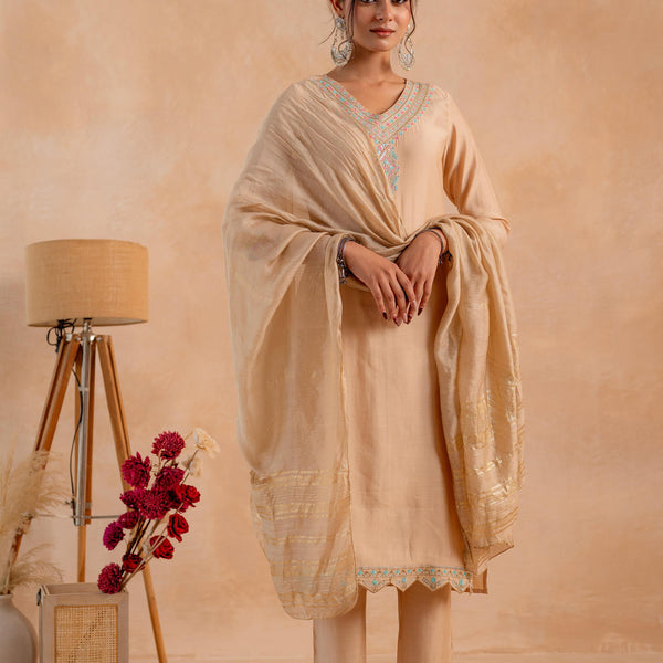 Juniper Beige Poly Viscose Straight Kurta Pant And Dupatta Set With Zari, Thread & Sequence Work - Distacart