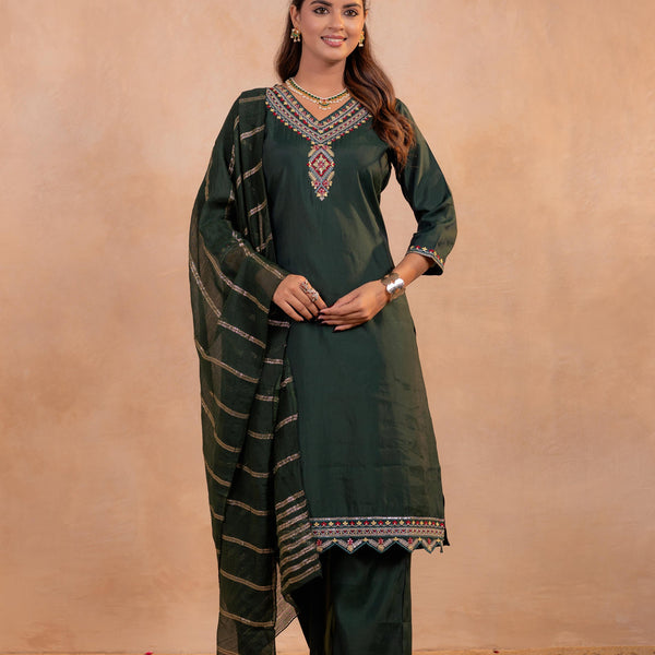 Juniper Bottle Green Serenity Embroidered Suit Set