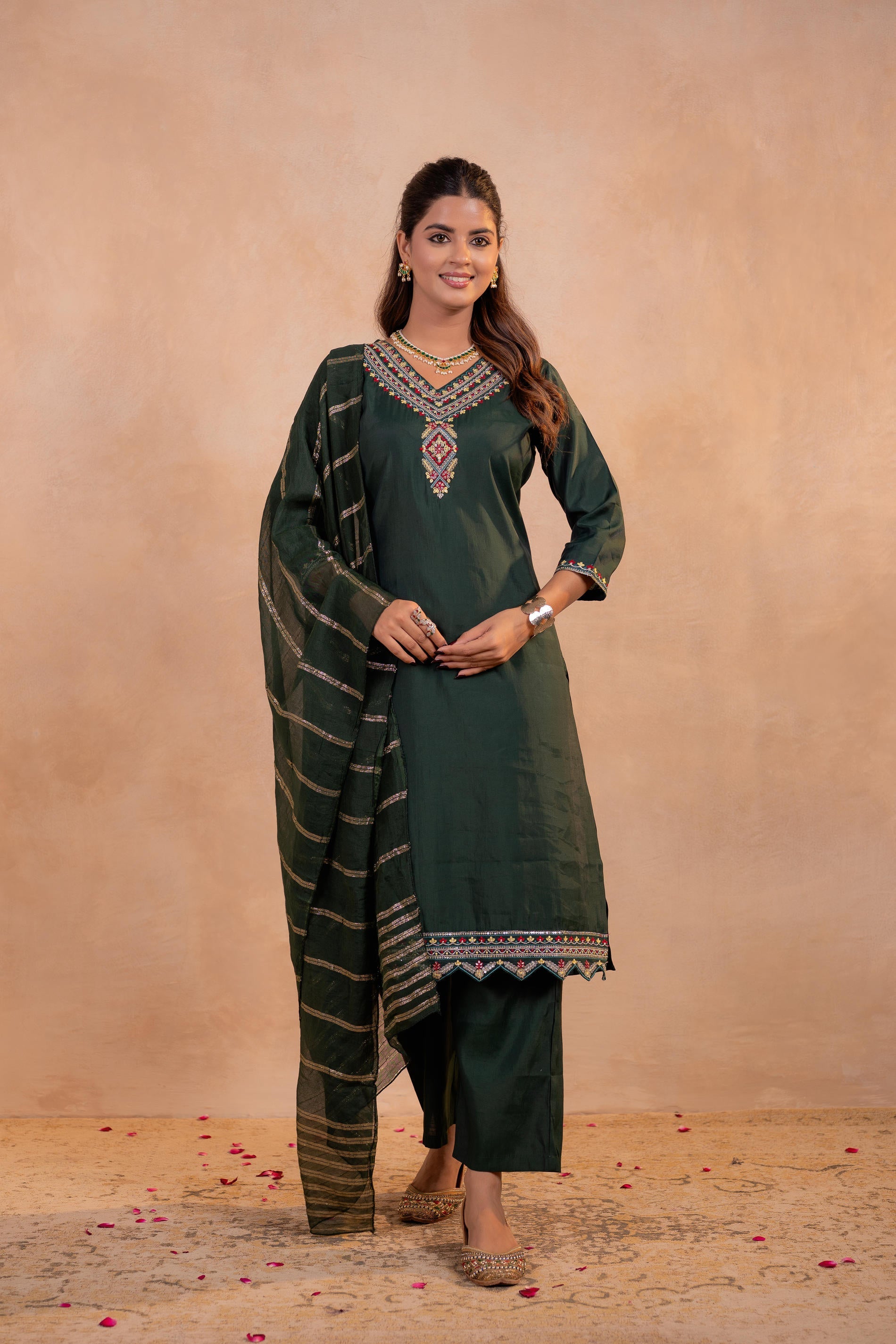 Juniper Bottle Green Serenity Embroidered Suit Set