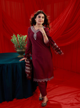 Juniper Maroon Poly Viscose Straight Kurta Pant And Dupatta Set With Zari, Thread & Sequence Work