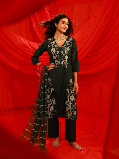 Juniper Mehandi Green Solid Embroidered Straight Kurta Pant And Dupatta Set With Thread Work - Distacart