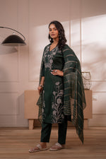 Thumbnail for Juniper Mehandi Green Solid Embroidered Straight Kurta Pant And Dupatta Set With Thread Work - Distacart