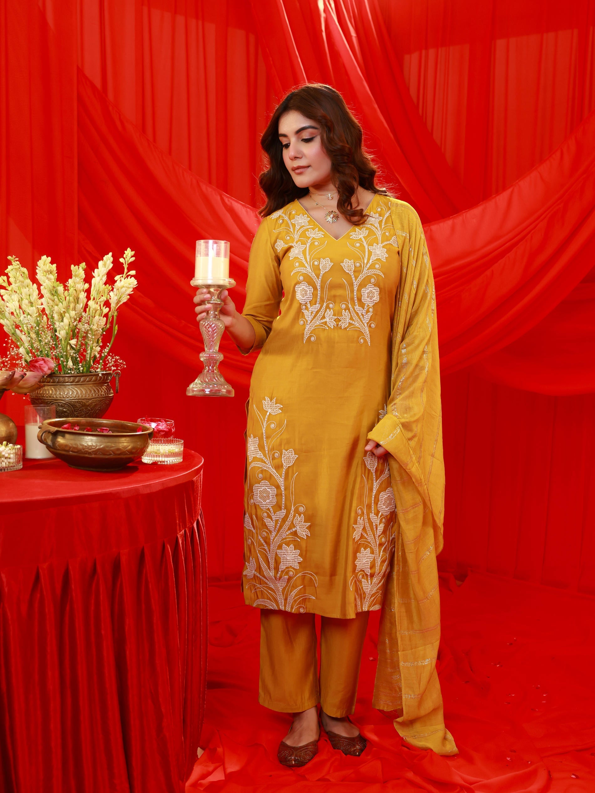 Juniper Mustard Solid Embroidered Straight Kurta Pant And Dupatta Set With Thread Work