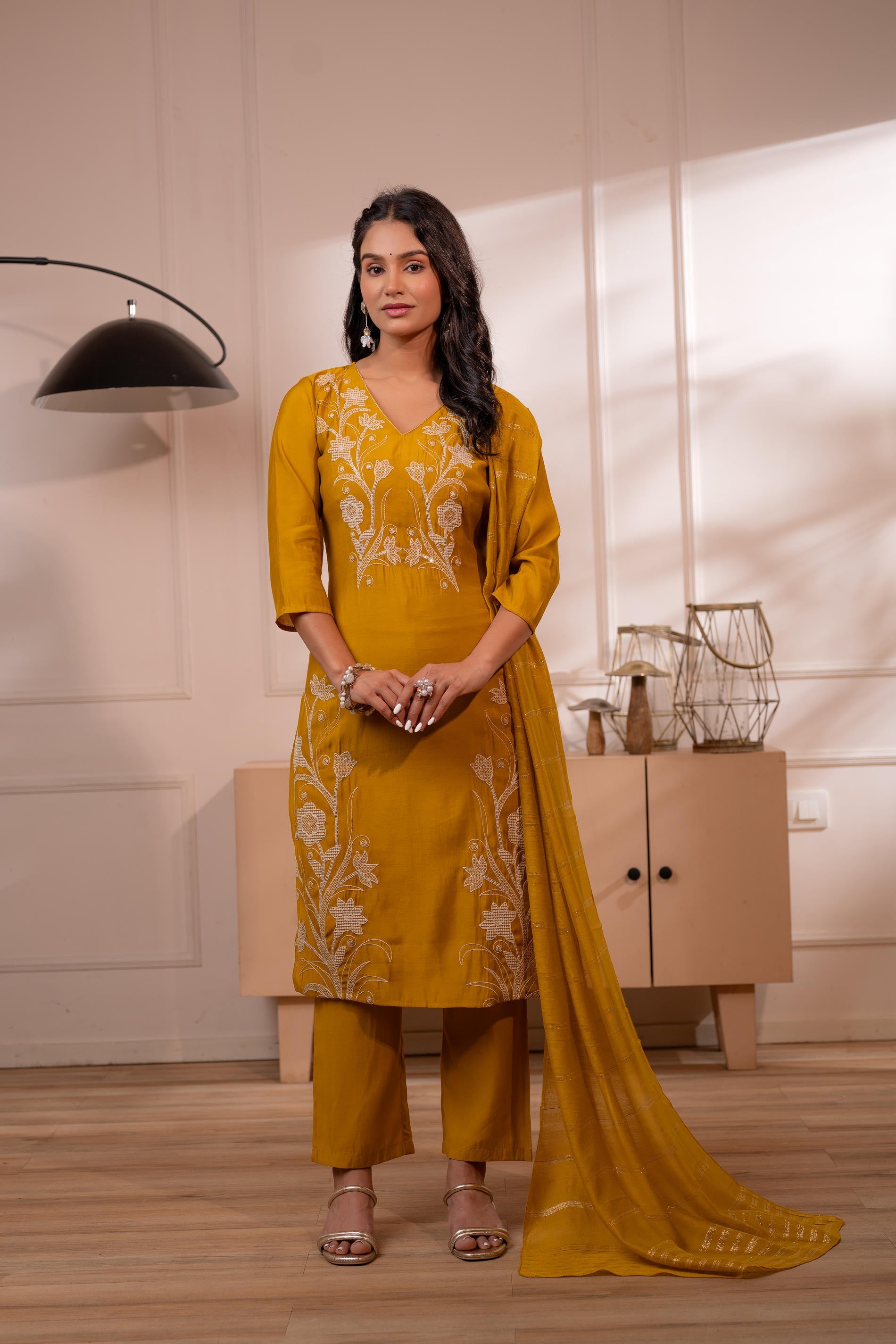 Juniper Mustard Solid Embroidered Straight Kurta Pant And Dupatta Set With Thread Work