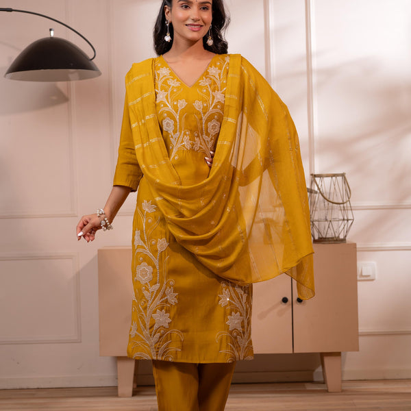 Juniper Mustard Solid Embroidered Straight Kurta Pant And Dupatta Set With Thread Work