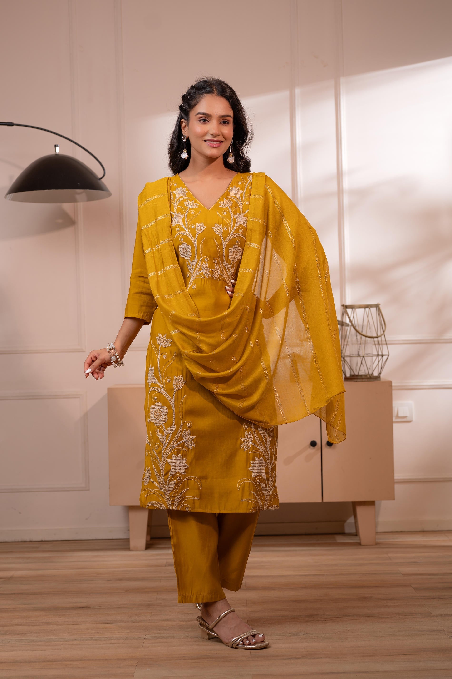 Juniper Mustard Solid Embroidered Straight Kurta Pant And Dupatta Set With Thread Work