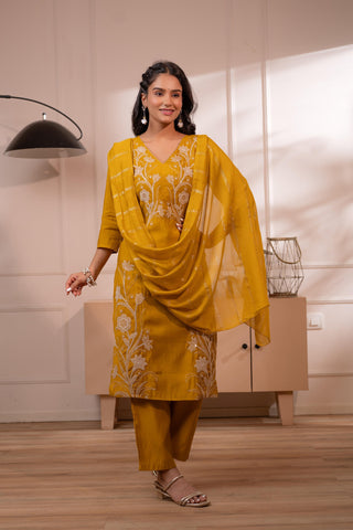 Juniper Mustard Solid Embroidered Straight Kurta Pant And Dupatta Set With Thread Work