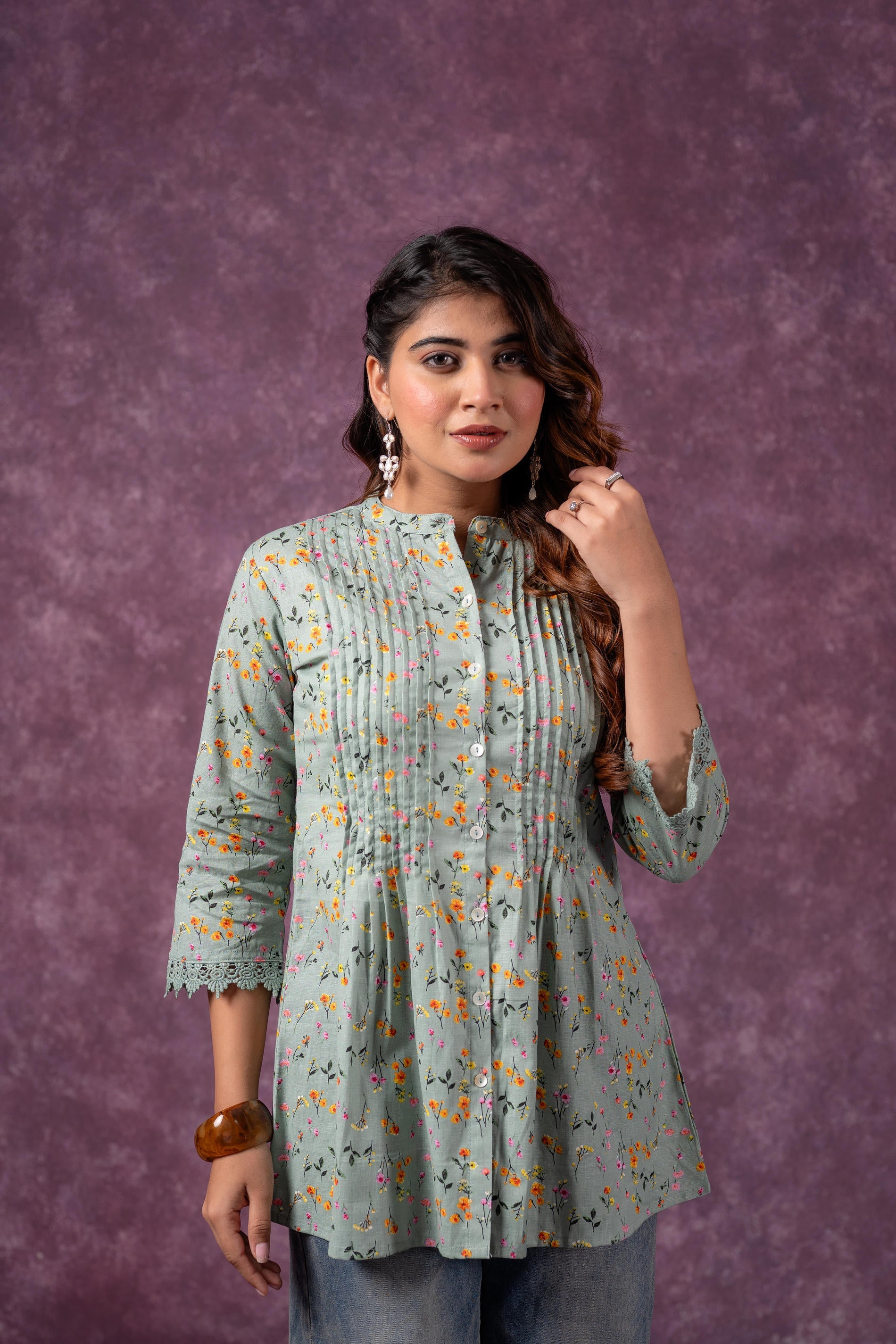 Juniper Sage Green Blossom Printed Short Peplum Kurti With Lace Sleeves - Distacart