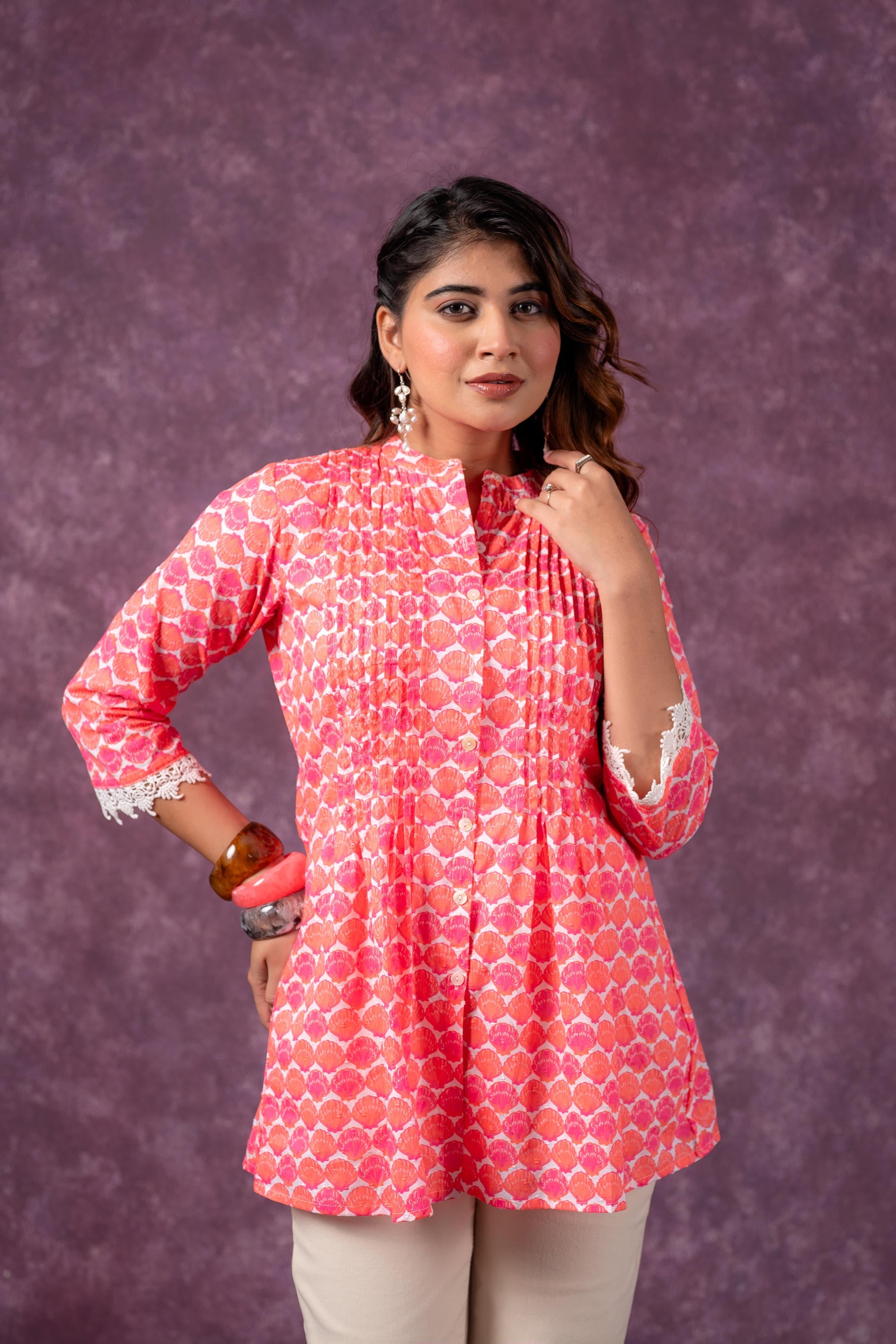 Juniper Orange Blossom Printed Short Peplum Kurti With Lace Sleeves - Distacart