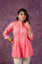Thumbnail for Juniper Orange Blossom Printed Short Peplum Kurti With Lace Sleeves - Distacart