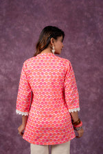 Thumbnail for Juniper Orange Blossom Printed Short Peplum Kurti With Lace Sleeves - Distacart