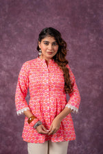 Thumbnail for Juniper Orange Blossom Printed Short Peplum Kurti With Lace Sleeves - Distacart