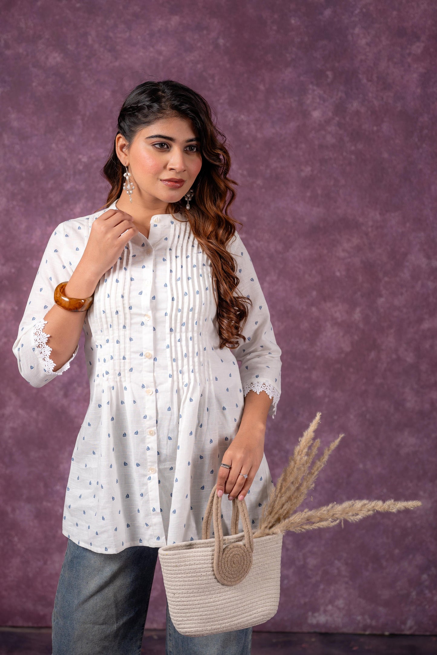 Juniper Cloud Blossom Printed Short Peplum Kurti With Lace Sleeves - Distacart